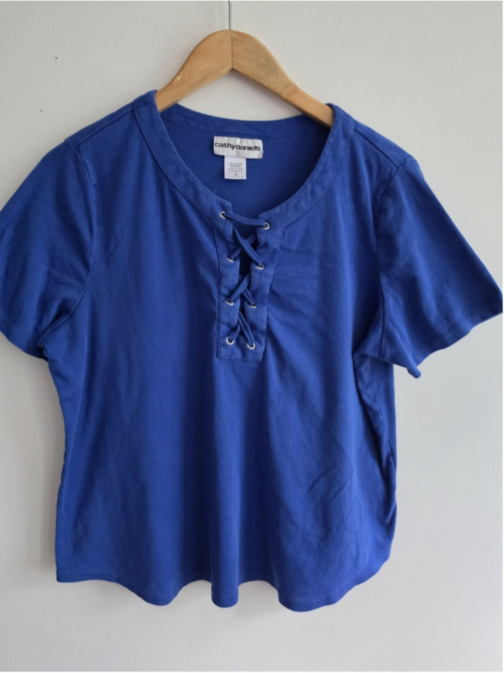 Cathy Daniels Royal Blue Lace Up V-Neck Short Sleeve Top Tee Shirt Size M